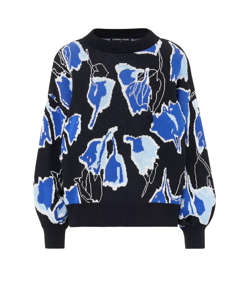 Boxy Fit Crewneck Sweater Black and Blue Pattern with Tulip Motif - Woman | Iceberg - Official Website