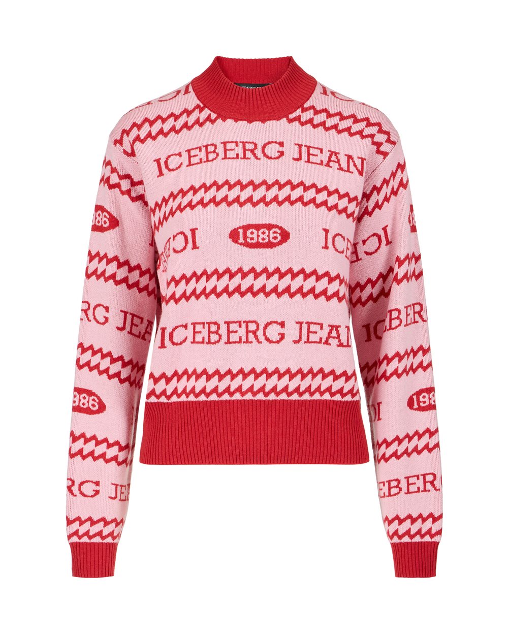 Boxy-fit crewneck sweater in pink and red jacquard with Iceberg 1986 logo - Iceberg Jeans | Iceberg - Official Website