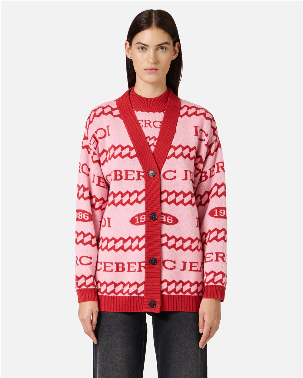 Relaxed-fit cardigan in pink and red jacquard with Iceberg 1986 logo - Iceberg Jeans | Iceberg - Official Website