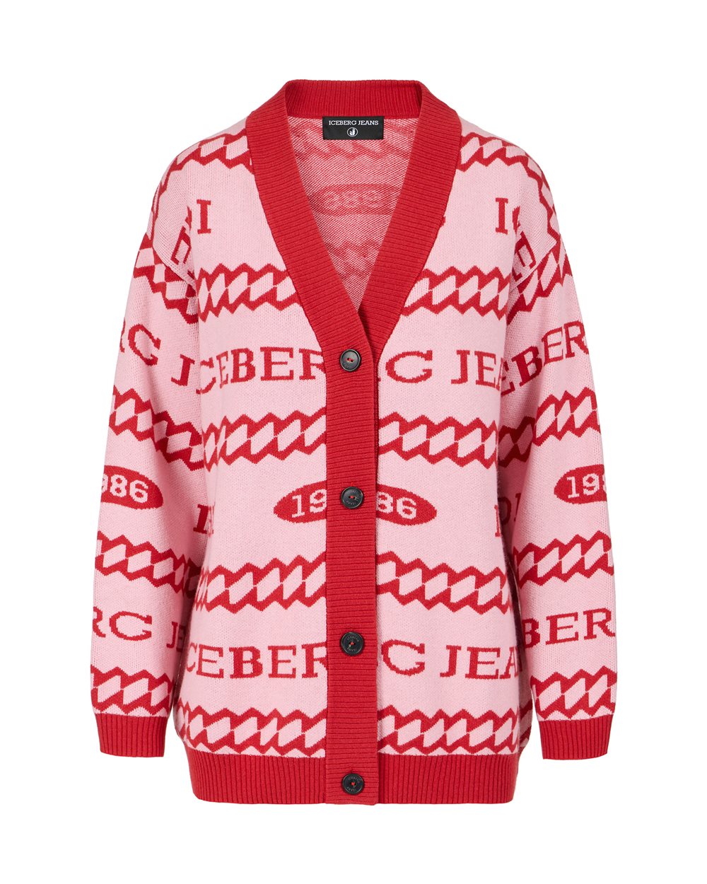 Relaxed-fit cardigan in pink and red jacquard with Iceberg 1986 logo - Iceberg Jeans | Iceberg - Official Website