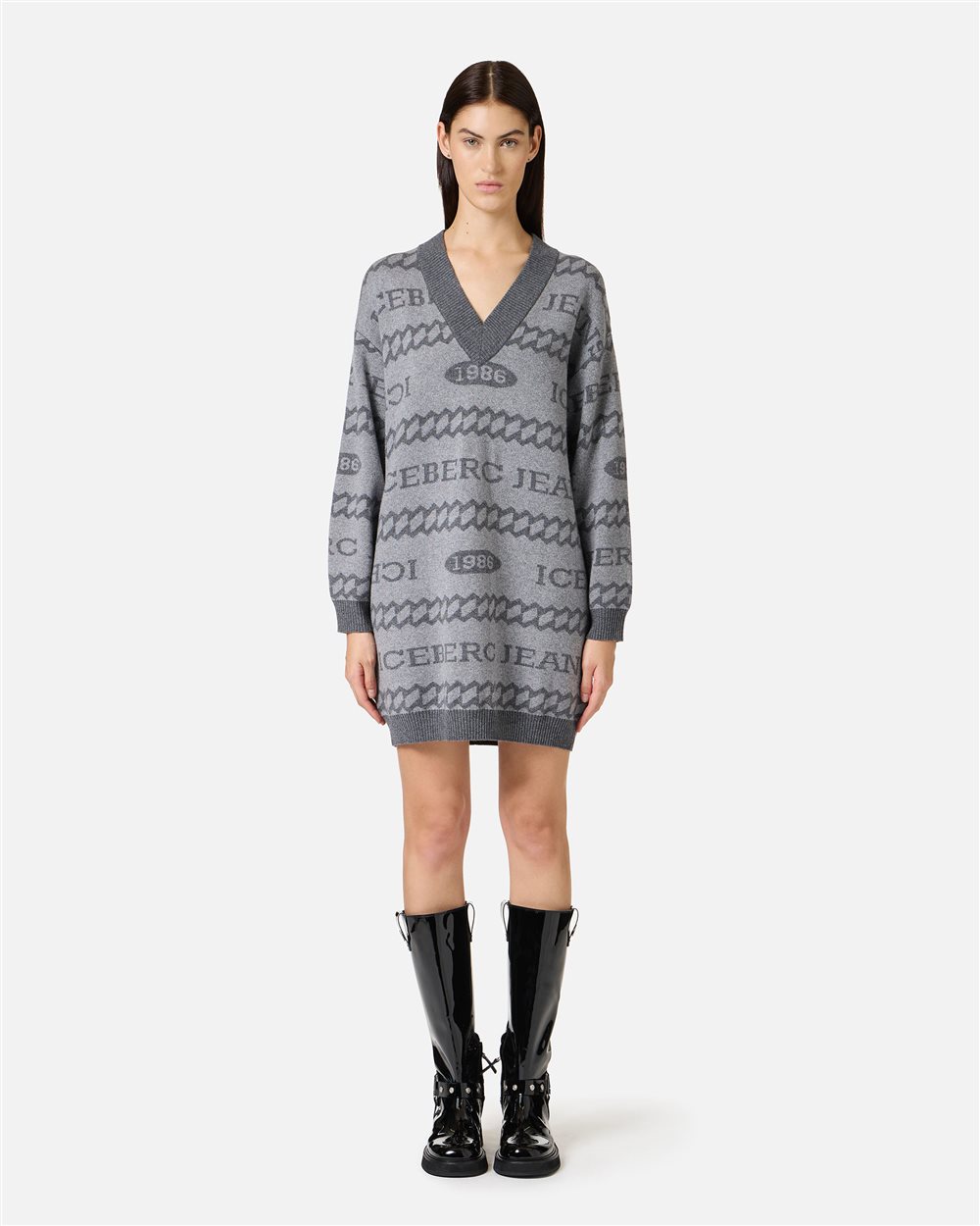 Maxi-pullover-style mini dress in gray and ivory jacquard knit with 1986 Iceberg logo - Iceberg Jeans | Iceberg - Official Website