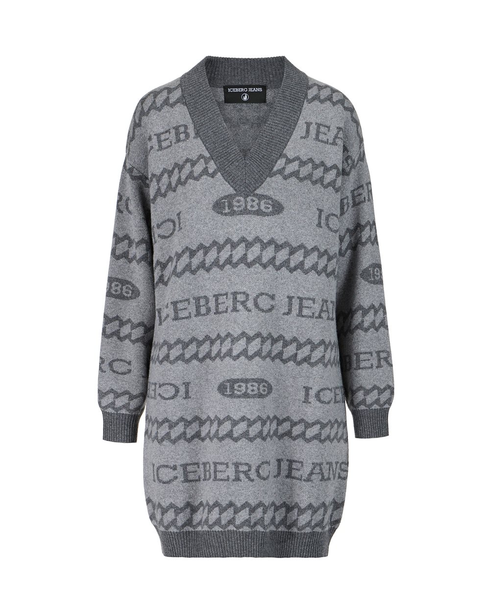 Maxi-pullover-style mini dress in gray and ivory jacquard knit with 1986 Iceberg logo - Iceberg Jeans | Iceberg - Official Website