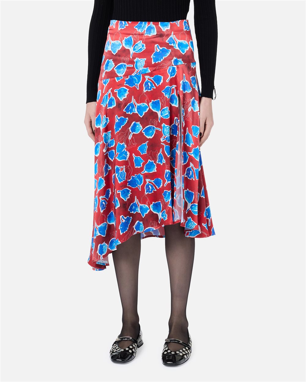 Asymmetric midi skirt in twill printed with macro-tulips in red and blue - carosello iceberg jeans woman | Iceberg - Official Website