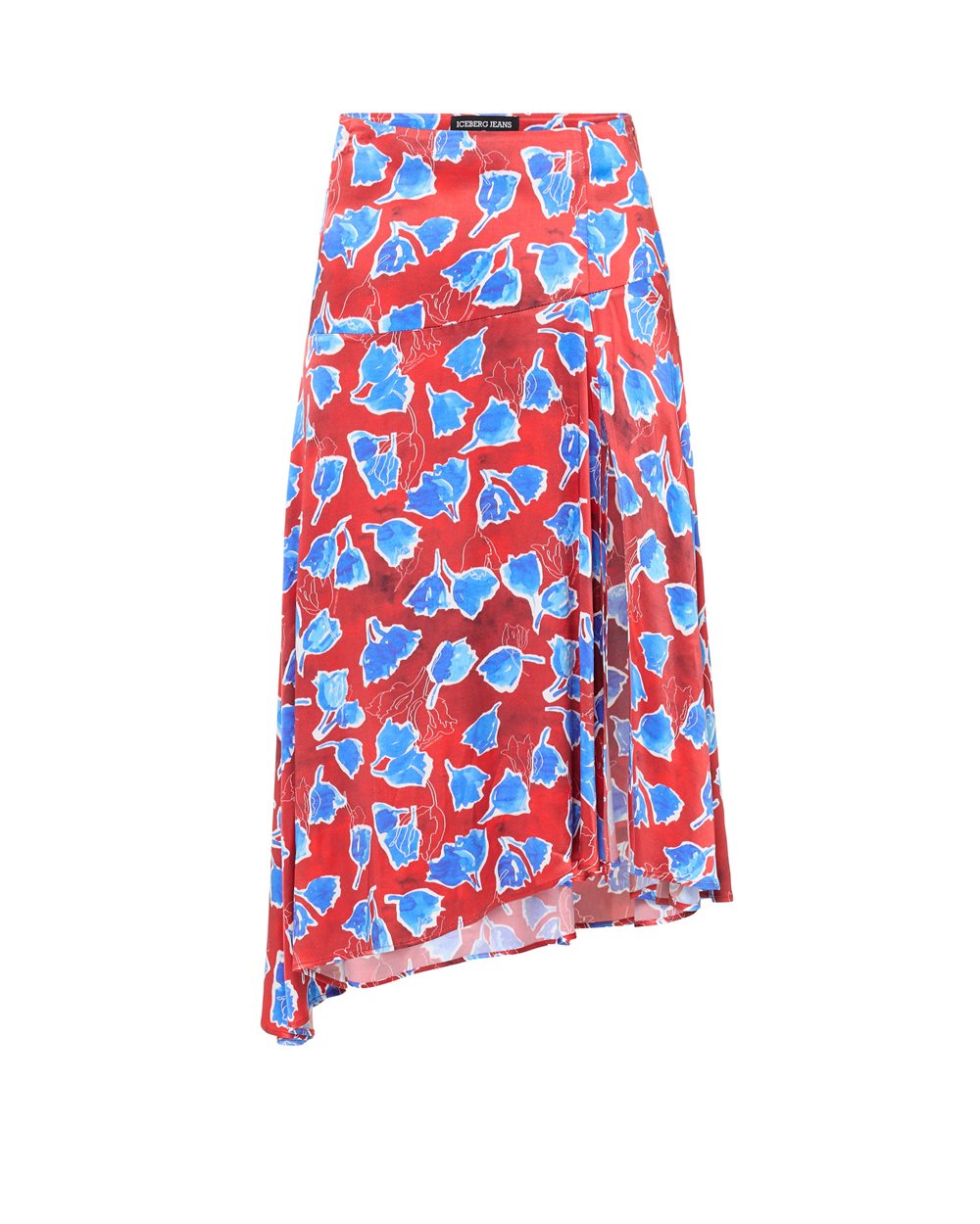 Asymmetric midi skirt in twill printed with macro-tulips in red and blue - carosello iceberg jeans woman | Iceberg - Official Website