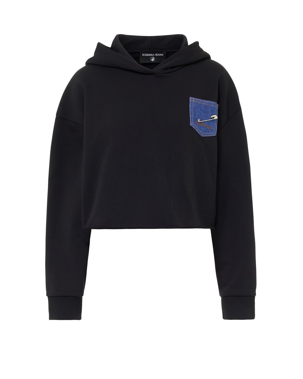 Cropped Hoodie in Black Fleece with Denim Pocket and IJ Detail - Woman | Iceberg - Official Website
