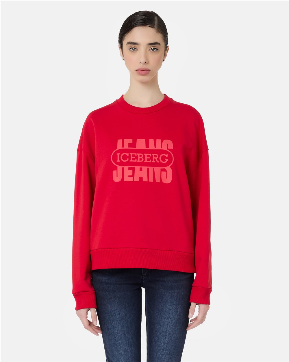 Red crewneck sweater in fleece with tonal vintage logo - carosello iceberg jeans woman | Iceberg - Official Website