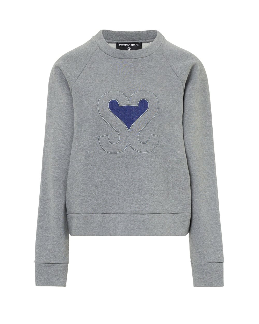 Regular-fit crewneck sweater in melange gray with denim heart and Iceberg logo - Woman | Iceberg - Official Website