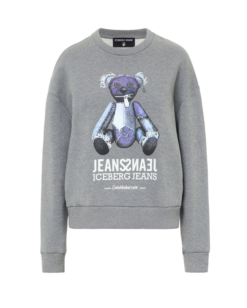Regular-Fit-Pullover mit Rundhalsausschnitt in Melange-Grau mit Teddybär-Print in Denim-Optik - Iceberg Jeans | Iceberg - Official Website