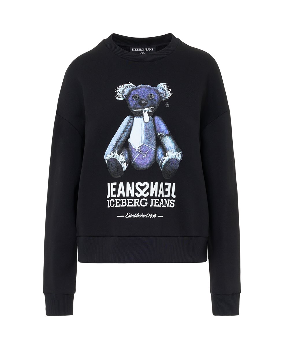 Schwarzer Rundhalspullover in normaler Passform mit Teddybär-Print in Denim-Optik - Iceberg Jeans | Iceberg - Official Website