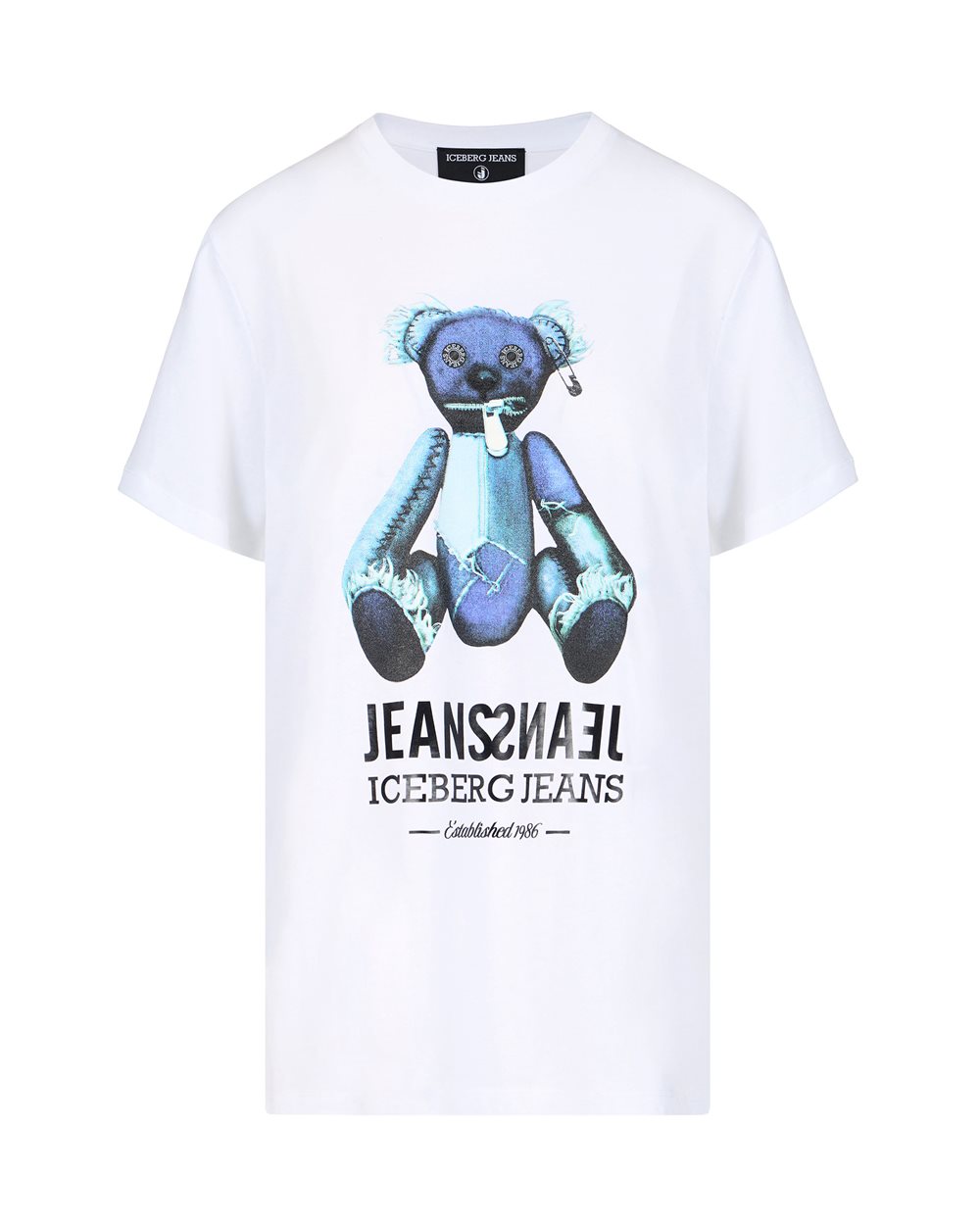 Regular-fit optical white T-shirt with denim teddy bear and shiny Iceberg logo - T-SHIRTS | Iceberg - Official Website