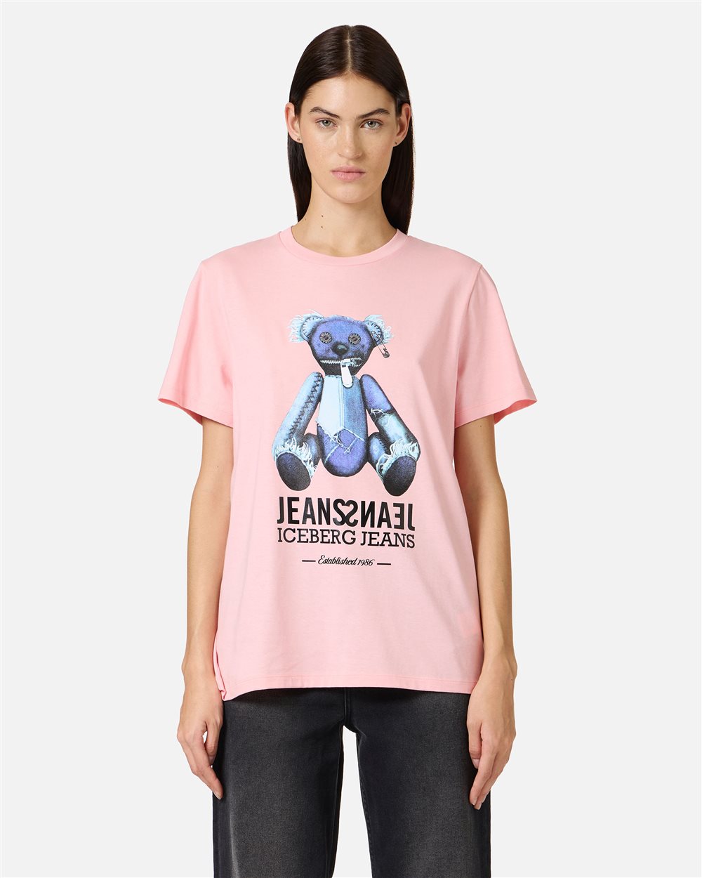 Regular-fit pink T-shirt with denim teddy bear and shiny Iceberg logo - T-SHIRTS | Iceberg - Official Website