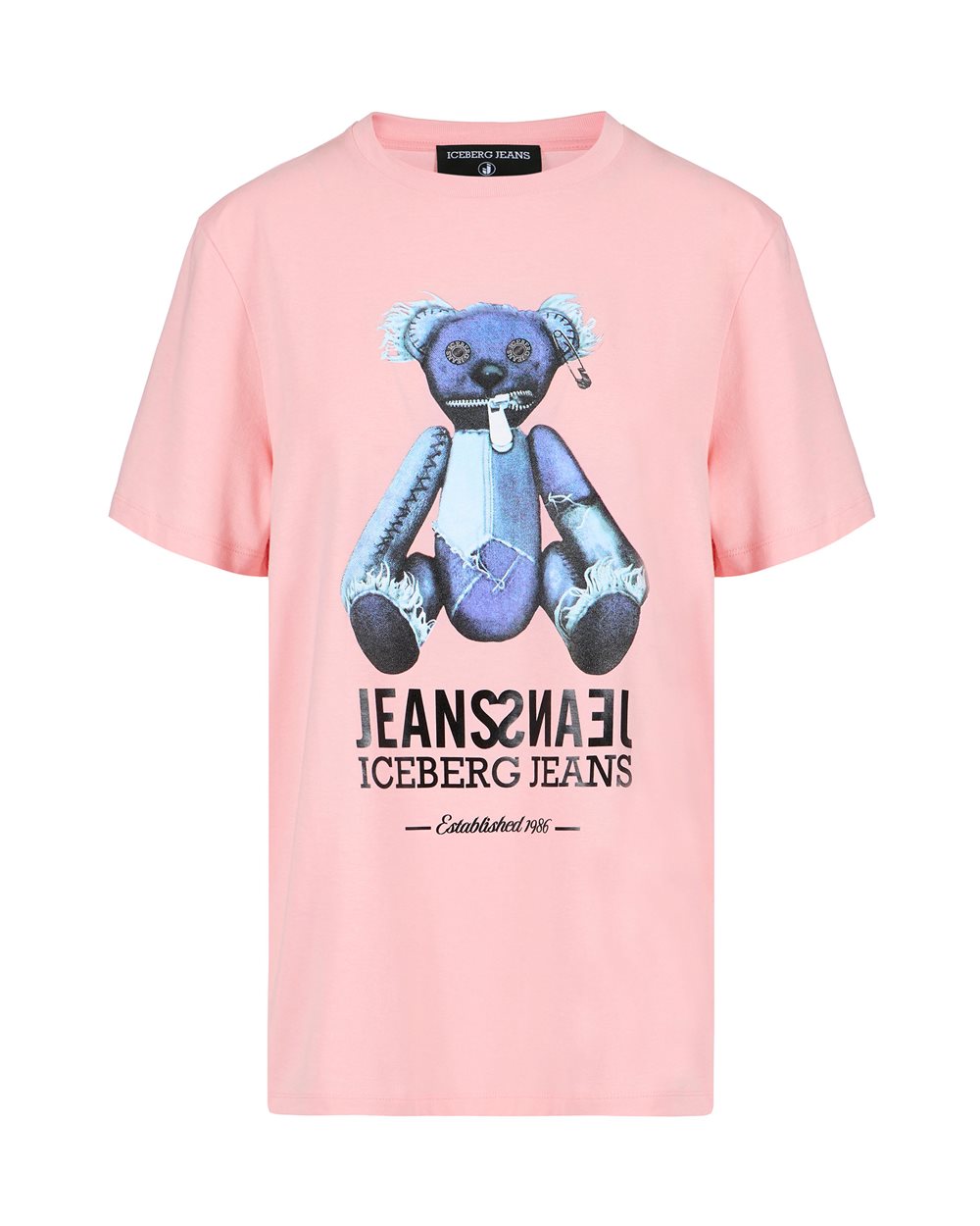 Regular-fit pink T-shirt with denim teddy bear and shiny Iceberg logo - T-SHIRTS | Iceberg - Official Website