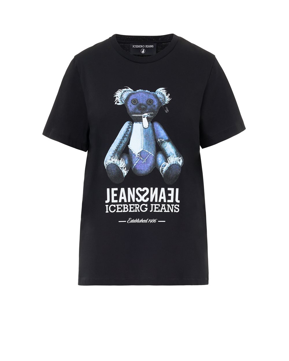 Schwarzes T-Shirt in normaler Passform mit Jeans-Teddybär und glänzendem Iceberg-Logo - Iceberg Jeans | Iceberg - Official Website
