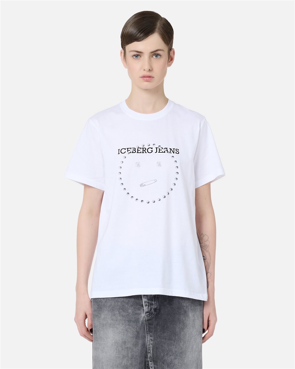 Regular Fit T-shirt in Optical White Cotton Jersey with Smile Print and Iceberg Logo Metal Details - carosello iceberg jeans woman | Iceberg - Official Website
