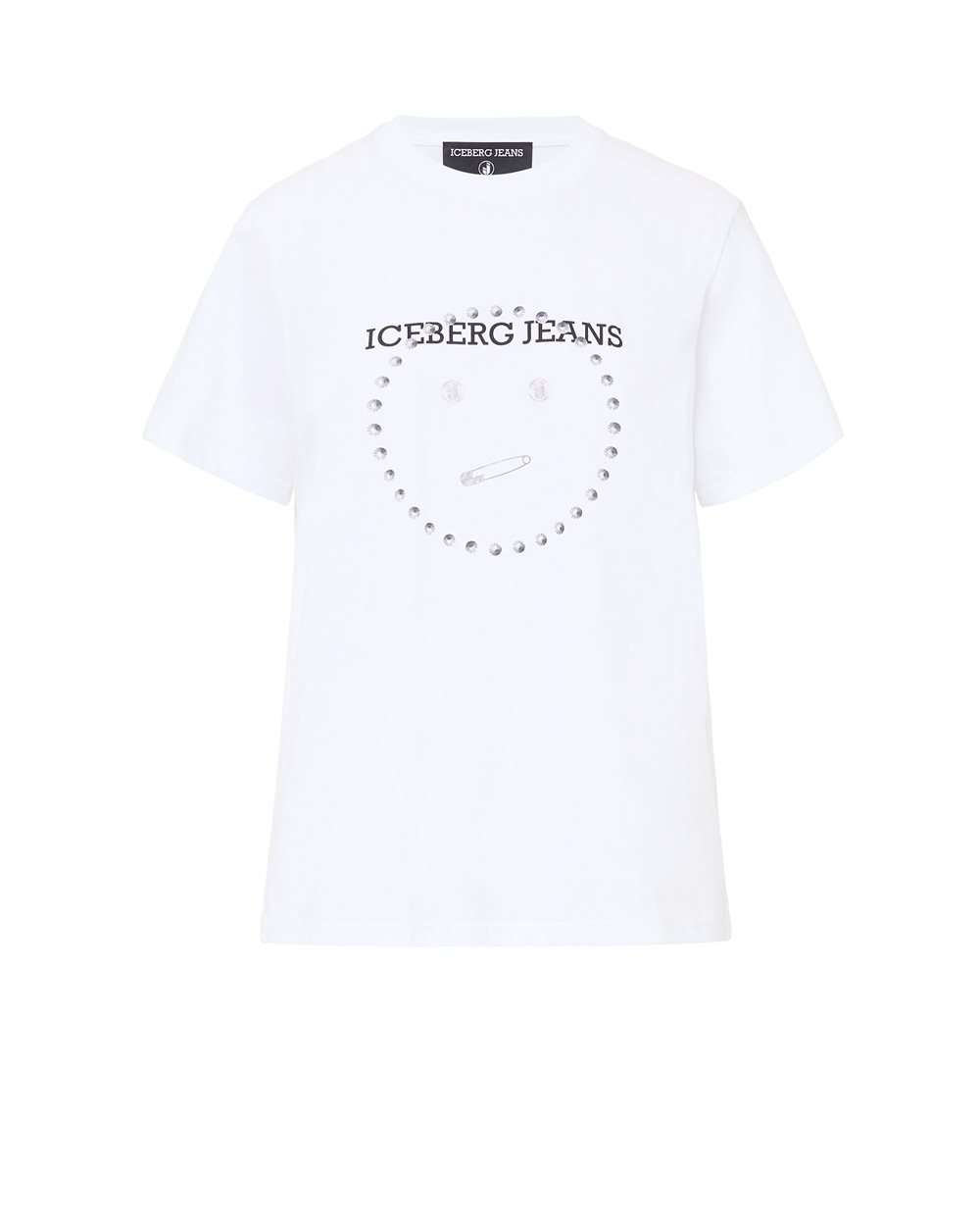 Regular Fit T-shirt in Optical White Cotton Jersey with Smile Print and Iceberg Logo Metal Details - carosello iceberg jeans woman | Iceberg - Official Website