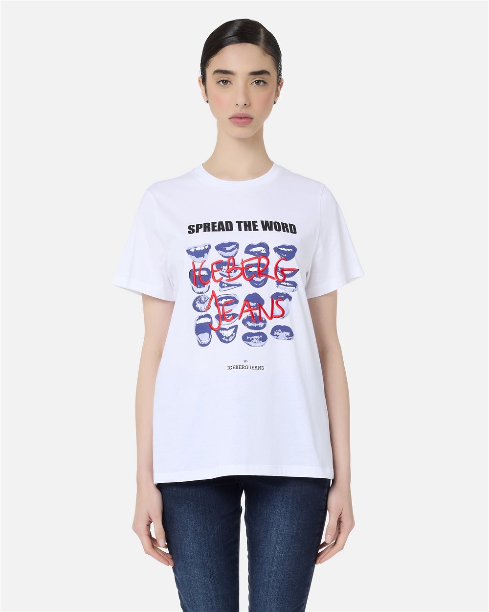 Regular Fit T-shirt in Optical White Cotton Jersey with Mouths Print Spread the Word - carosello iceberg jeans woman | Iceberg - Official Website