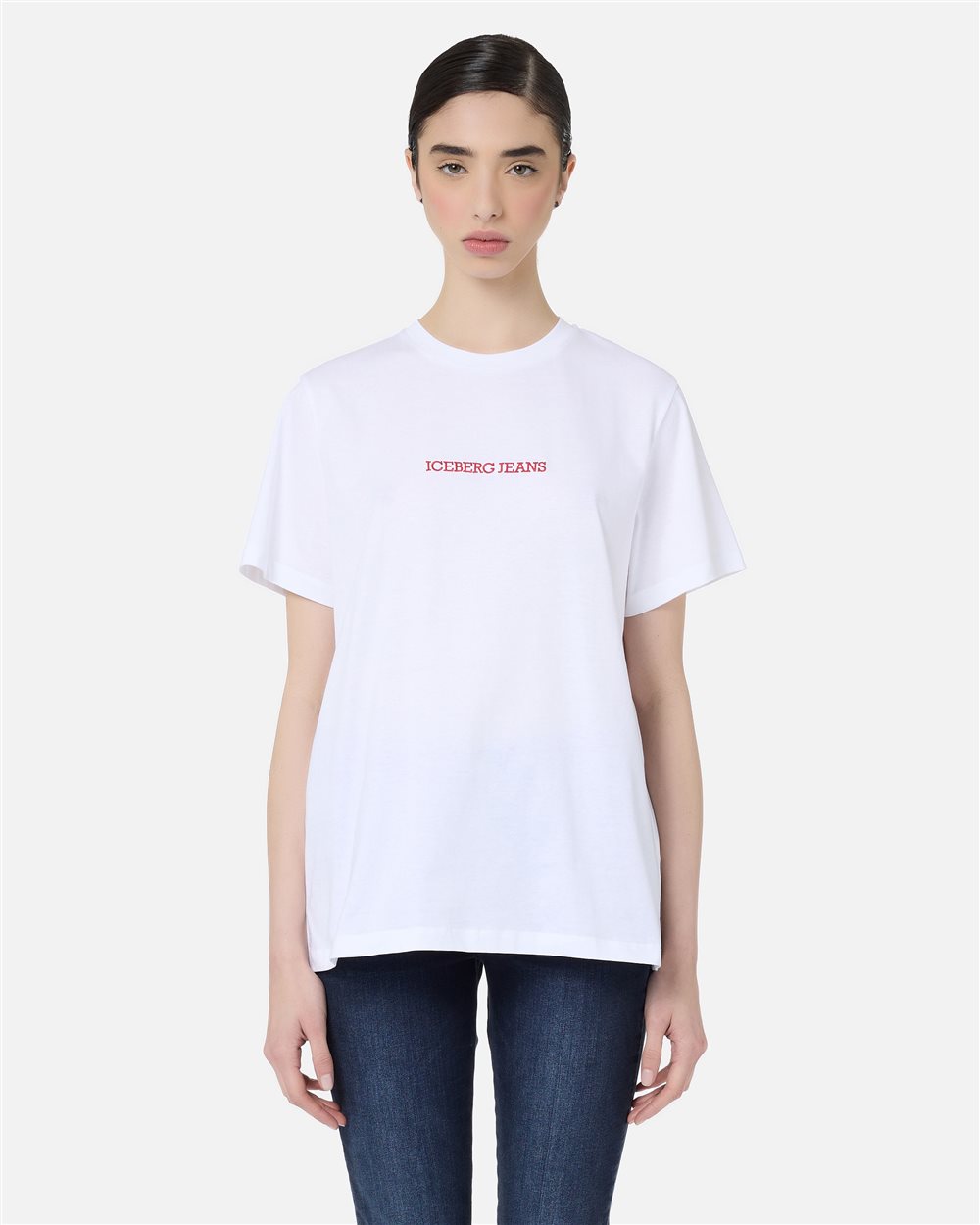 Regular Fit T-shirt in Optical White Cotton Jersey with Logo Embroidery and Double Decker Print - carosello iceberg jeans woman | Iceberg - Official Website