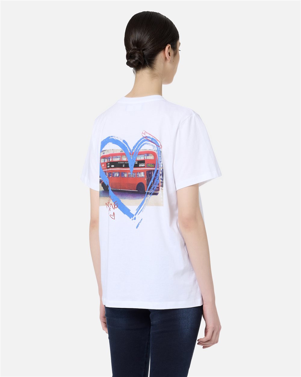 Regular Fit T-shirt in Optical White Cotton Jersey with Logo Embroidery and Double Decker Print - carosello iceberg jeans woman | Iceberg - Official Website