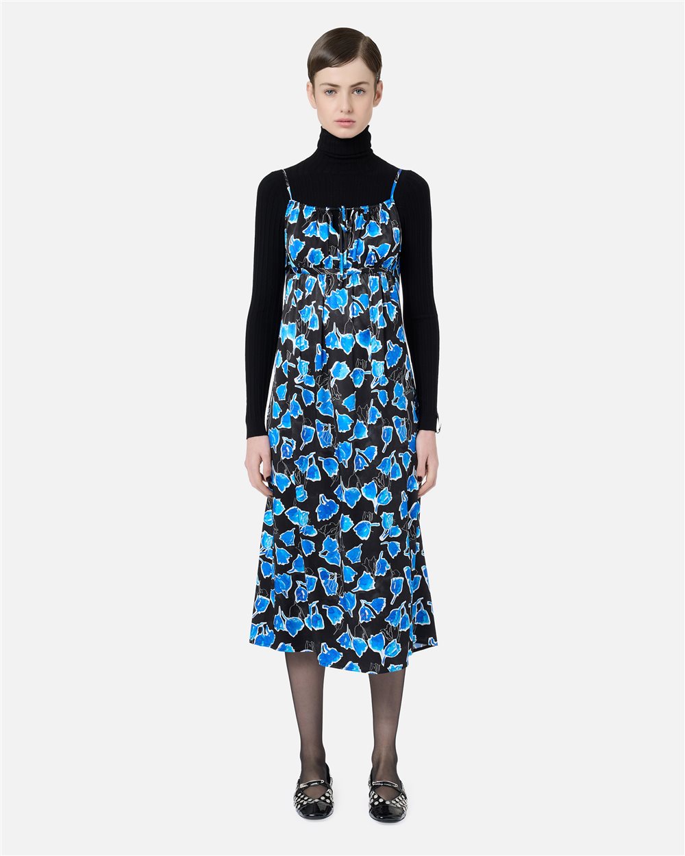 Long-fit slip dress in black and blue patterned viscose twill - carosello iceberg jeans woman | Iceberg - Official Website