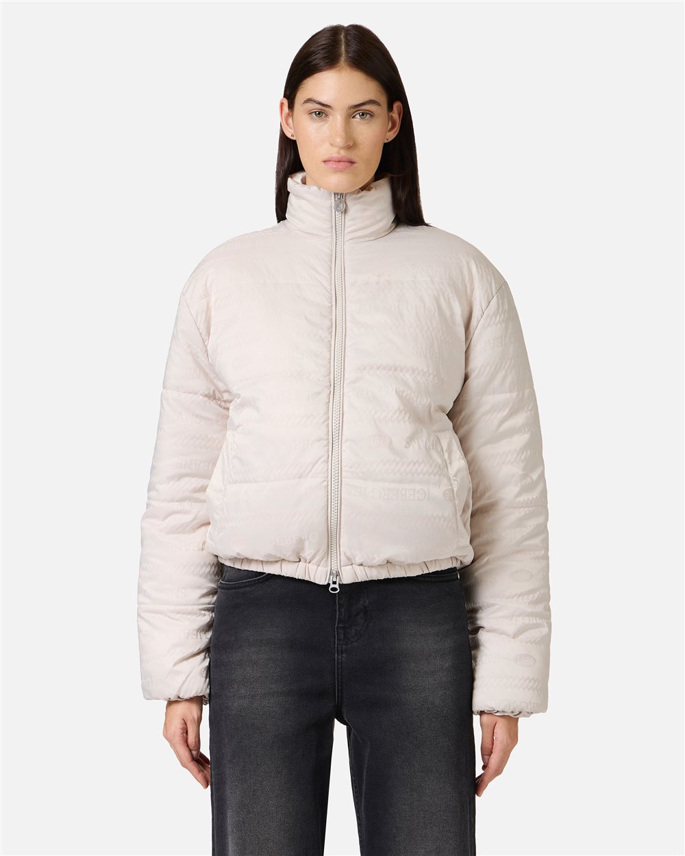 Mini-fit white nylon jacquard jacket with 1986 logo and Iceberg eco-down padding - OUTERWEAR | Iceberg - Official Website