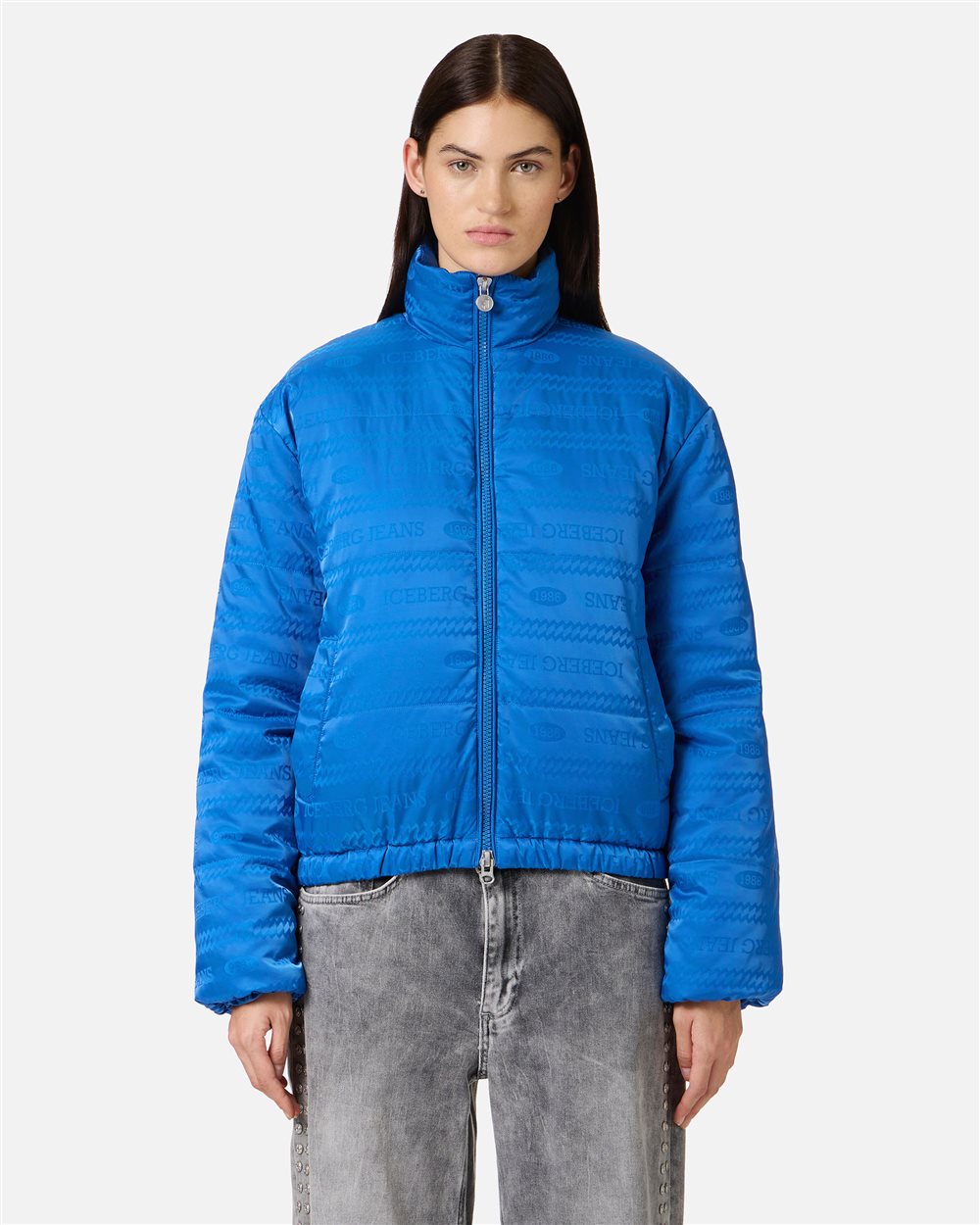 Mini-fit blue nylon jacquard jacket with 1986 logo and Iceberg eco-down padding - OUTERWEAR | Iceberg - Official Website