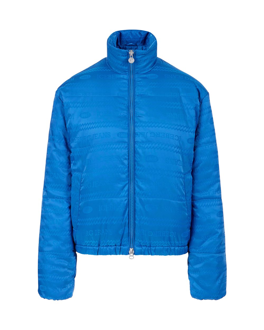Mini-fit blue nylon jacquard jacket with 1986 logo and Iceberg eco-down padding - OUTERWEAR | Iceberg - Official Website