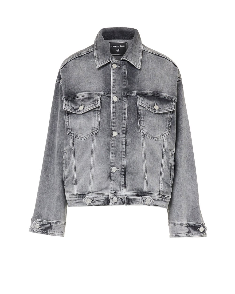 Giubbotto denim grigio effetto acid wash con dettagli logo rivettati - abbigliamento | Iceberg - Official Website