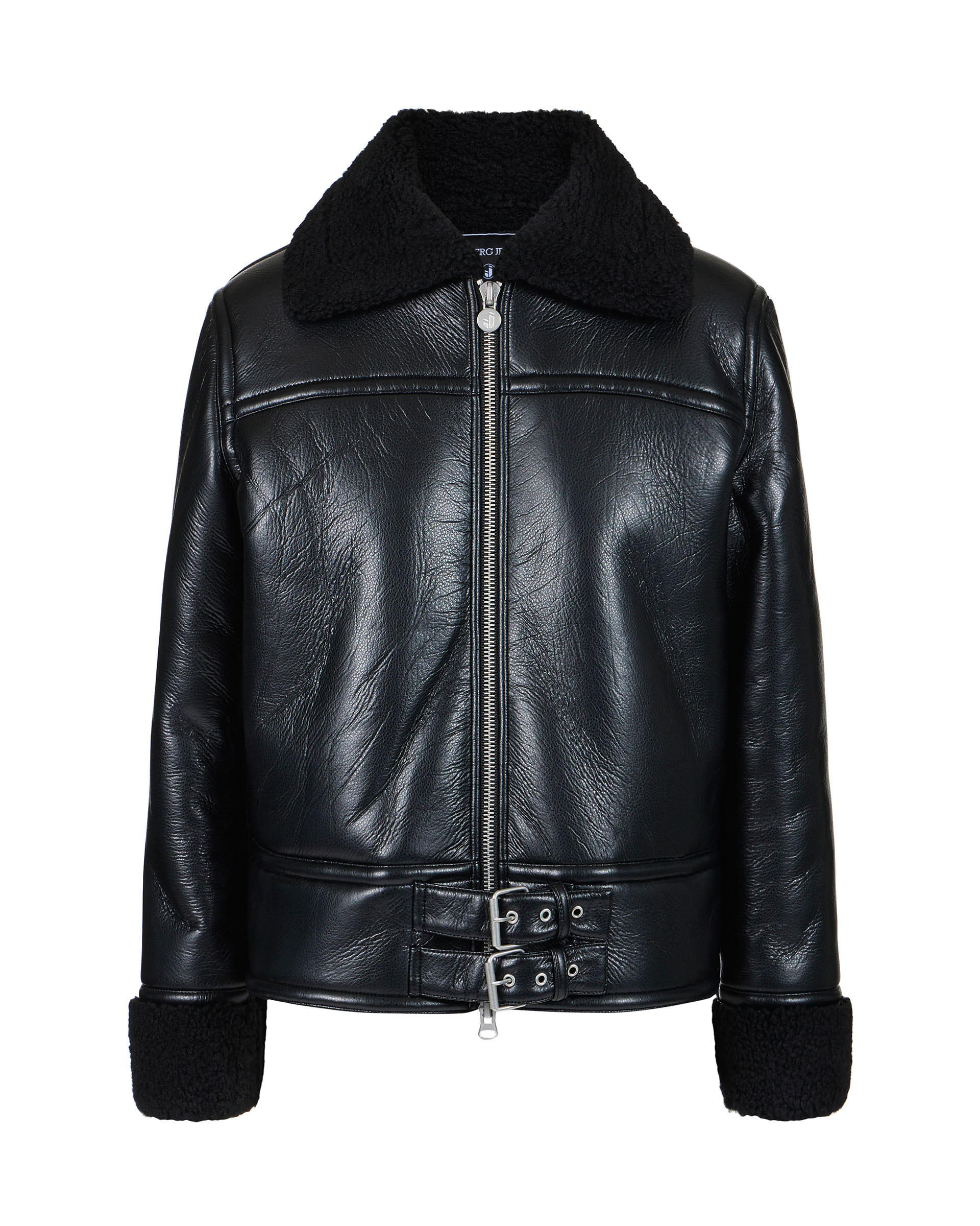 Black faux shearling aviator jacket with curly trim and Iceberg buckles - OUTERWEAR | Iceberg - Official Website