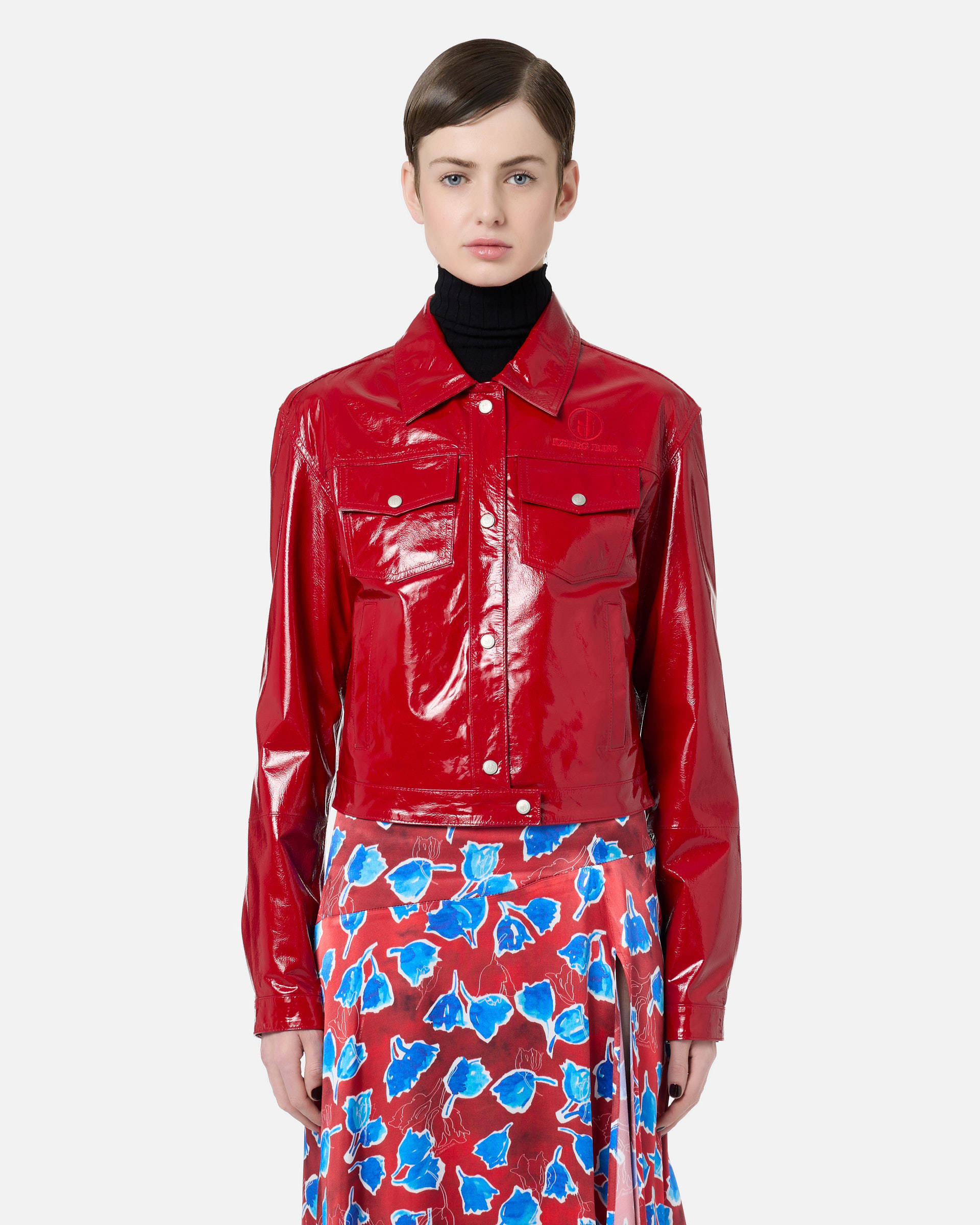 5-pocket jacket in lambskin with patent effect red - Iceberg Jeans | Iceberg - Official Website