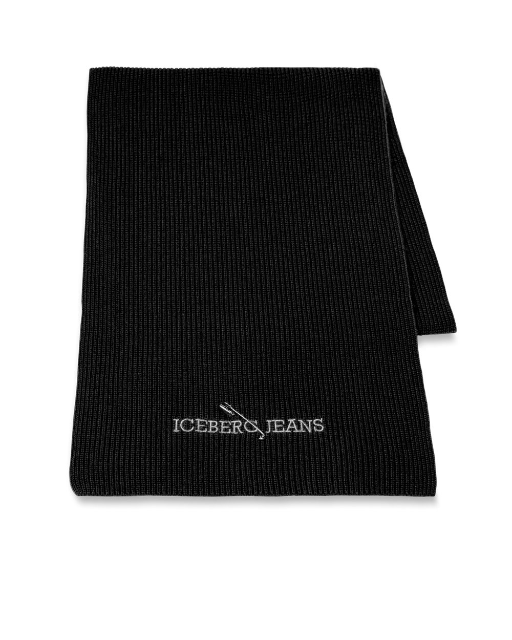 Black wool and cashmere scarf with embroidered Iceberg logo and pin - per abilitare | Iceberg - Official Website