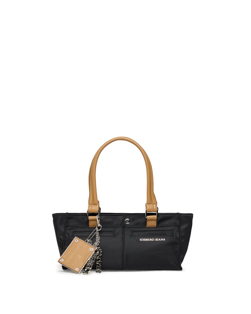 Mini tote bag in black nylon with details in tan eco-leather: compact urban elegance - Woman | Iceberg - Official Website