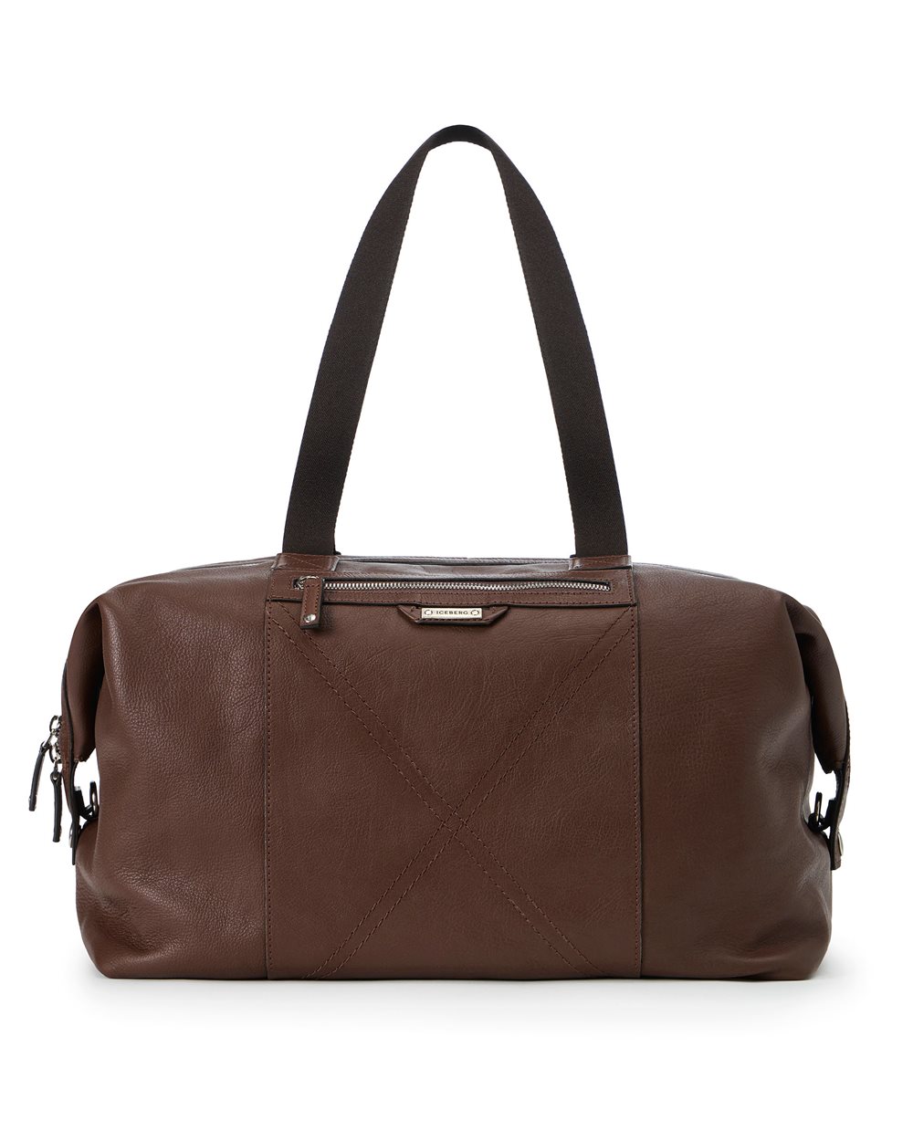 Hazelnut leather duffel bag with cross-stitching and logo plaque - Man | Iceberg - Official Website