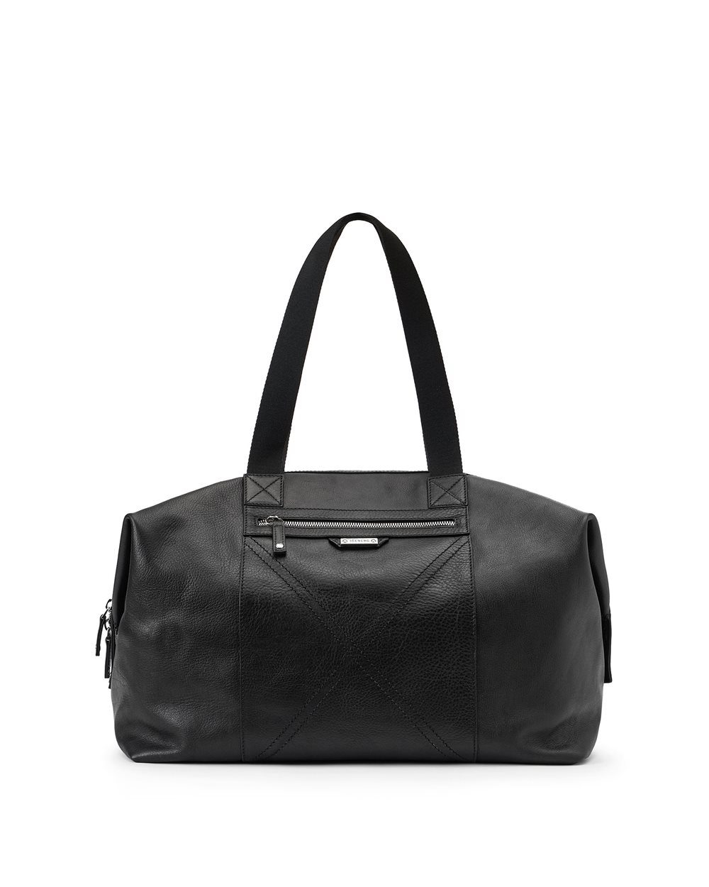 Black leather duffel bag with cross-stitching and logo plaque - Man | Iceberg - Official Website