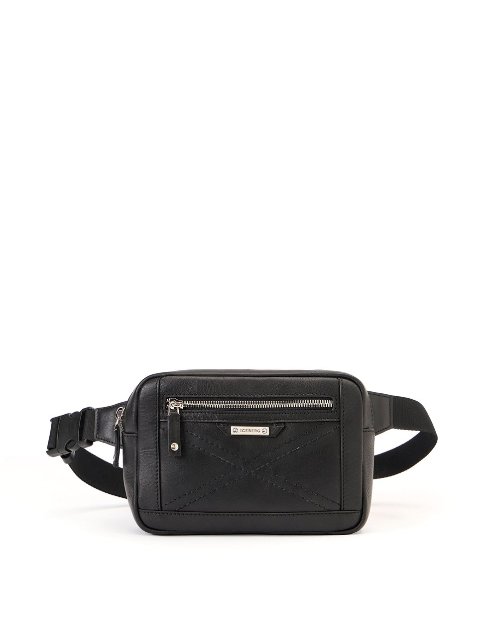 Black leather bum bag with cross-stitching and metal buckle - Man | Iceberg - Official Website