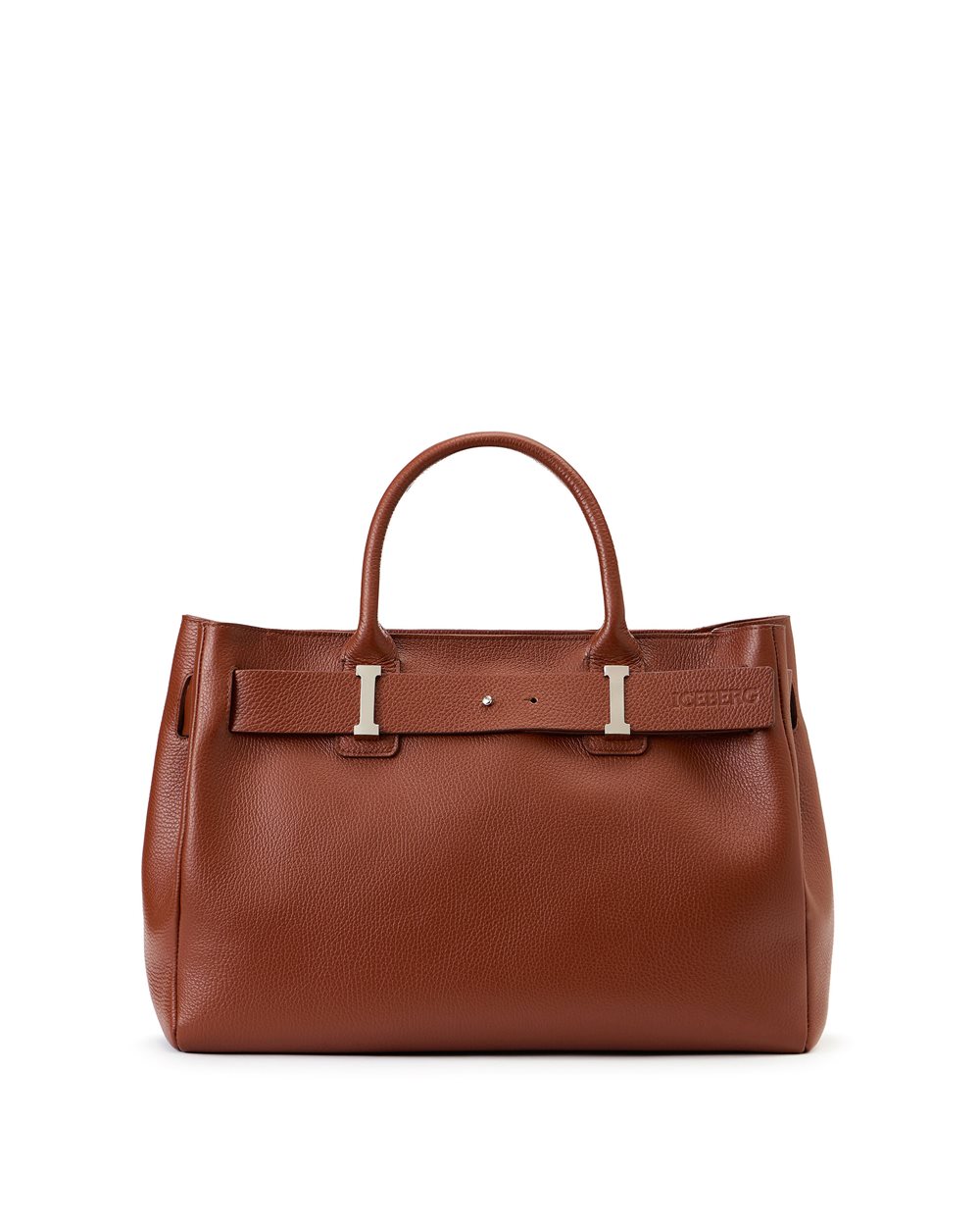 Maxi shopper in pelle prince nocciola con fibbie logo e dettaglio logo iceberg debossed - Borse e Cinture | Iceberg - Official Website