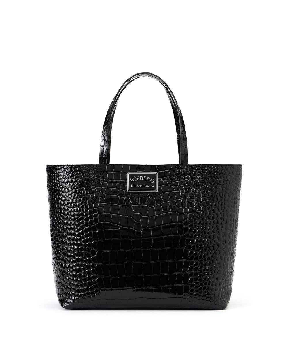 Shopper in pelle effetto coccodrillo nera con placchetta smaltata e logo Iceberg Milano Italia - Borse e Cinture | Iceberg - Official Website