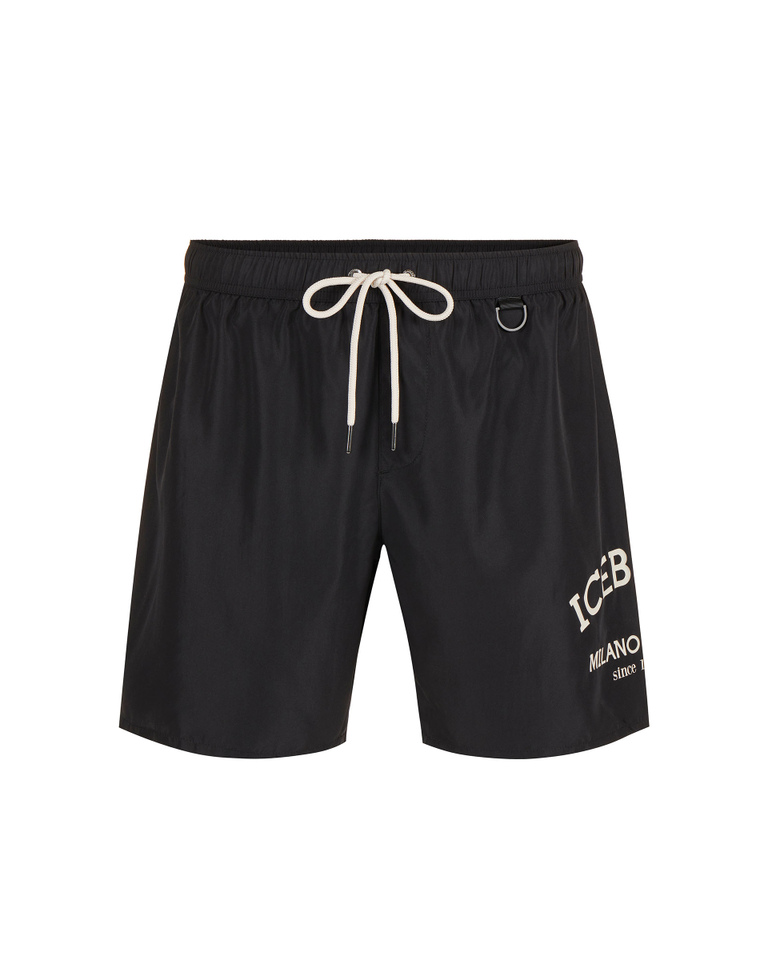 Black swim trunks with drawstring and contrasting Iceberg logo on the leg - Man | Iceberg - Official Website