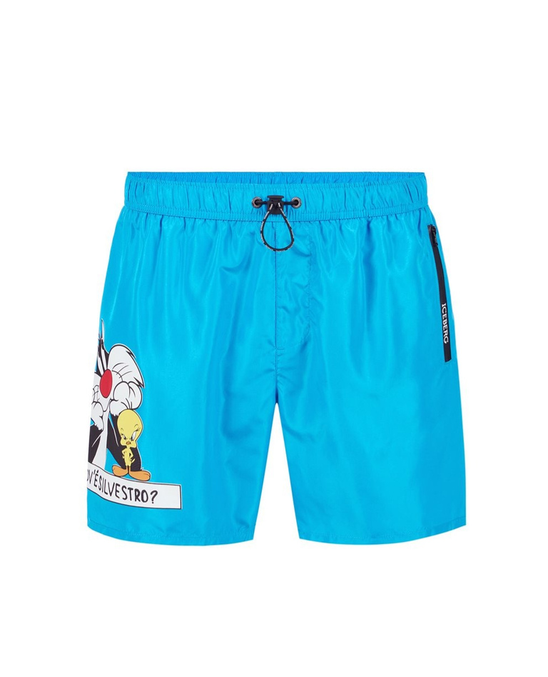 Turquoise swim trunks with drawstring, Iceberg print and logo - NO PROMO | Iceberg - Official Website