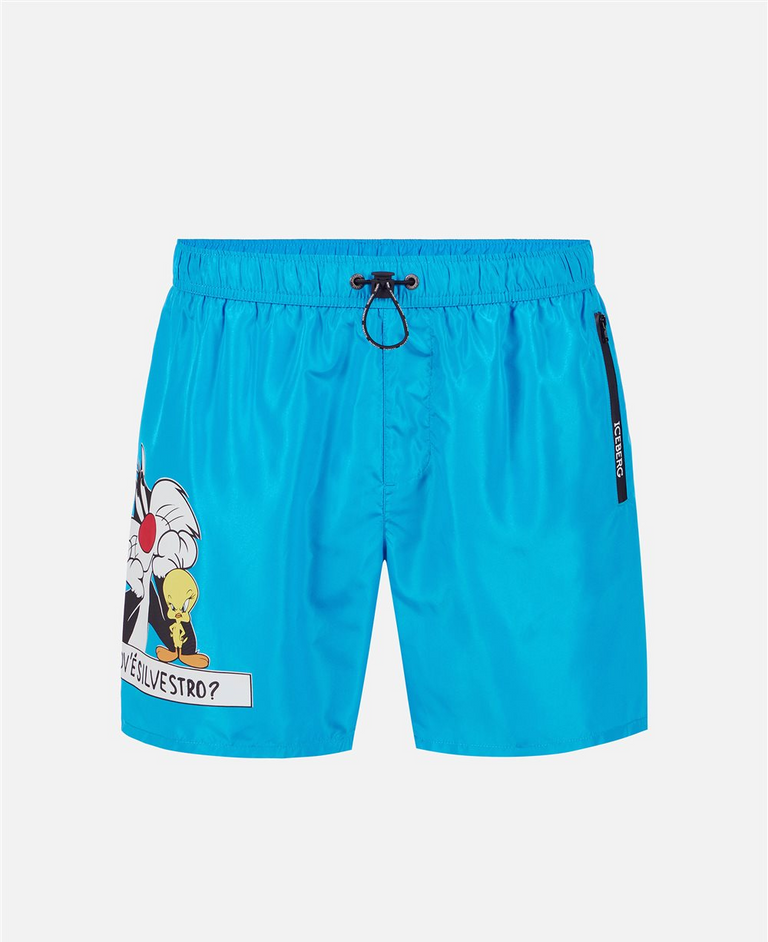 Turquoise swim trunks with drawstring, Iceberg print and logo - Beachwear | Iceberg - Official Website
