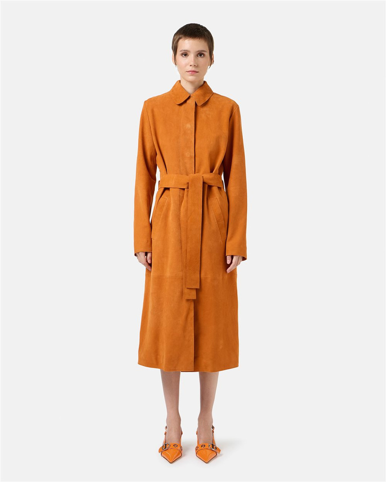 Comfort Fit Coat in Intense Orange Suede - Fashion Show Woman | Iceberg - Official Website
