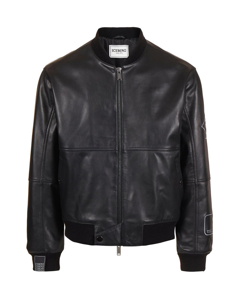 Schwarze Bomberjacke aus Leder mit aufgestickten Patches - Jacken und Mäntel | Iceberg - Official Website