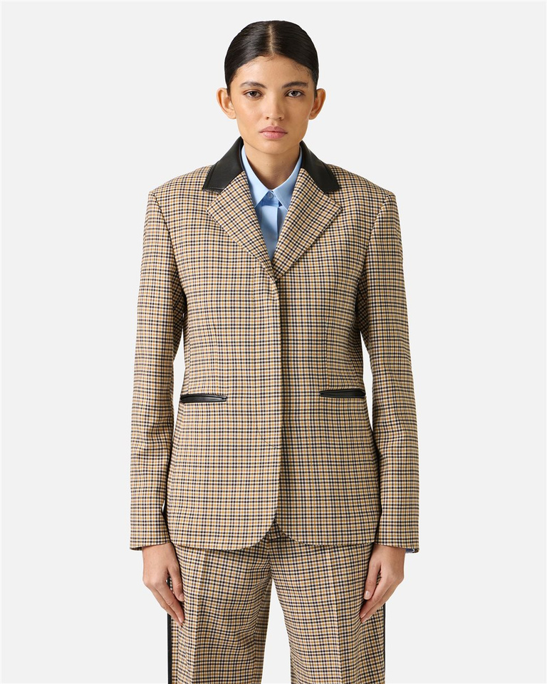 Single-breasted camel and brown check jacket with Iceberg logo - Outerwear | Iceberg - Official Website