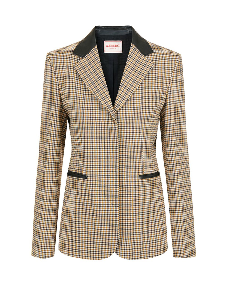 Single-breasted camel and brown check jacket with Iceberg logo - Outerwear | Iceberg - Official Website