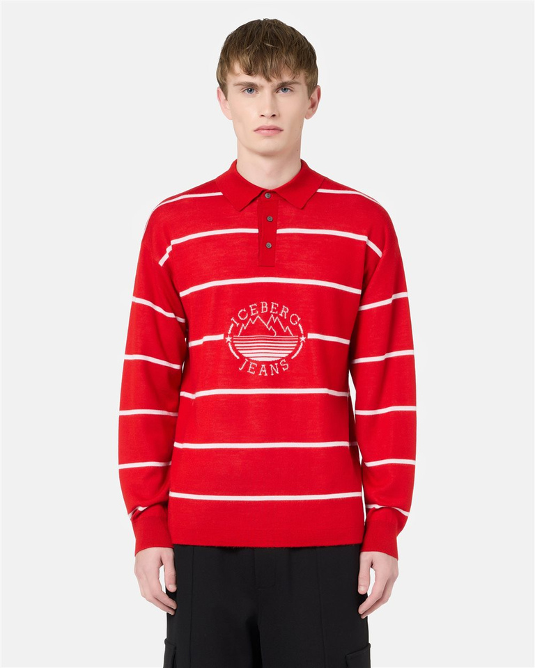 Striped polo sweater in red base wool blend with Iceberg Jeans logo and mountains inlay - PER FARE LE REGOLE | Iceberg - Official Website