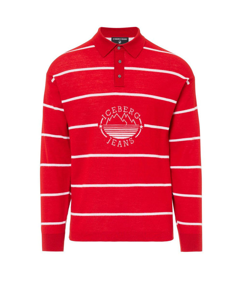 Striped polo sweater in red base wool blend with Iceberg Jeans logo and mountains inlay - PER FARE LE REGOLE | Iceberg - Official Website