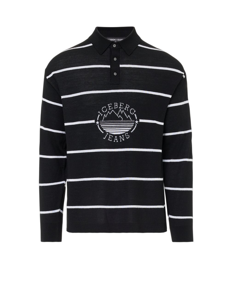 Striped polo sweater in black wool blend with Iceberg Jeans logo and mountains inlay - PER FARE LE REGOLE | Iceberg - Official Website
