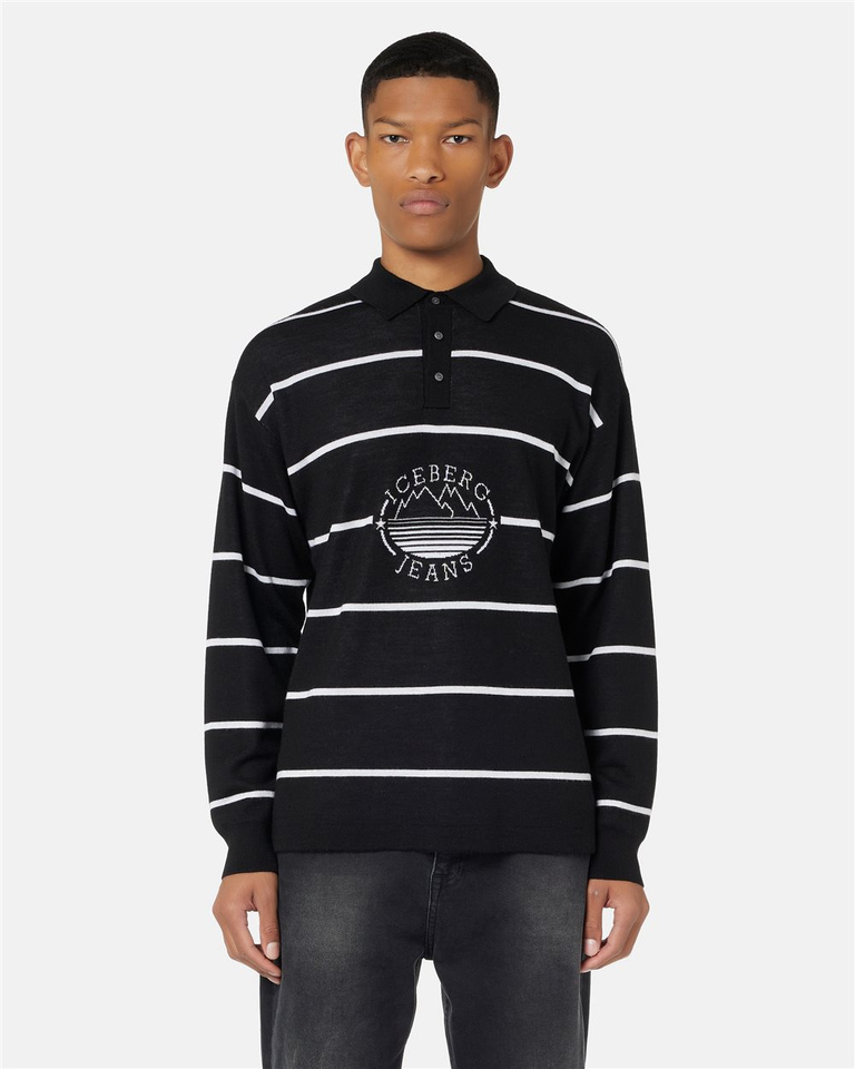 Striped polo sweater in black wool blend with Iceberg Jeans logo and mountains inlay - PER FARE LE REGOLE | Iceberg - Official Website