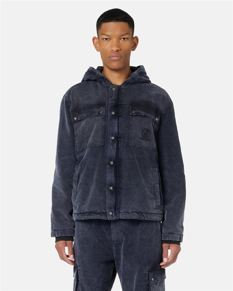 Relaxed-fit hooded sport jacket in navy corduroy with gabardine details and Iceberg logo - OUTERWEAR | Iceberg - Official Website