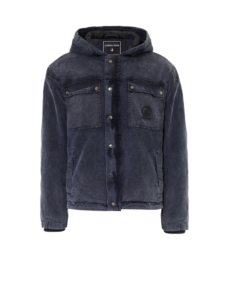 Relaxed-fit hooded sport jacket in navy corduroy with gabardine details and Iceberg logo - OUTERWEAR | Iceberg - Official Website