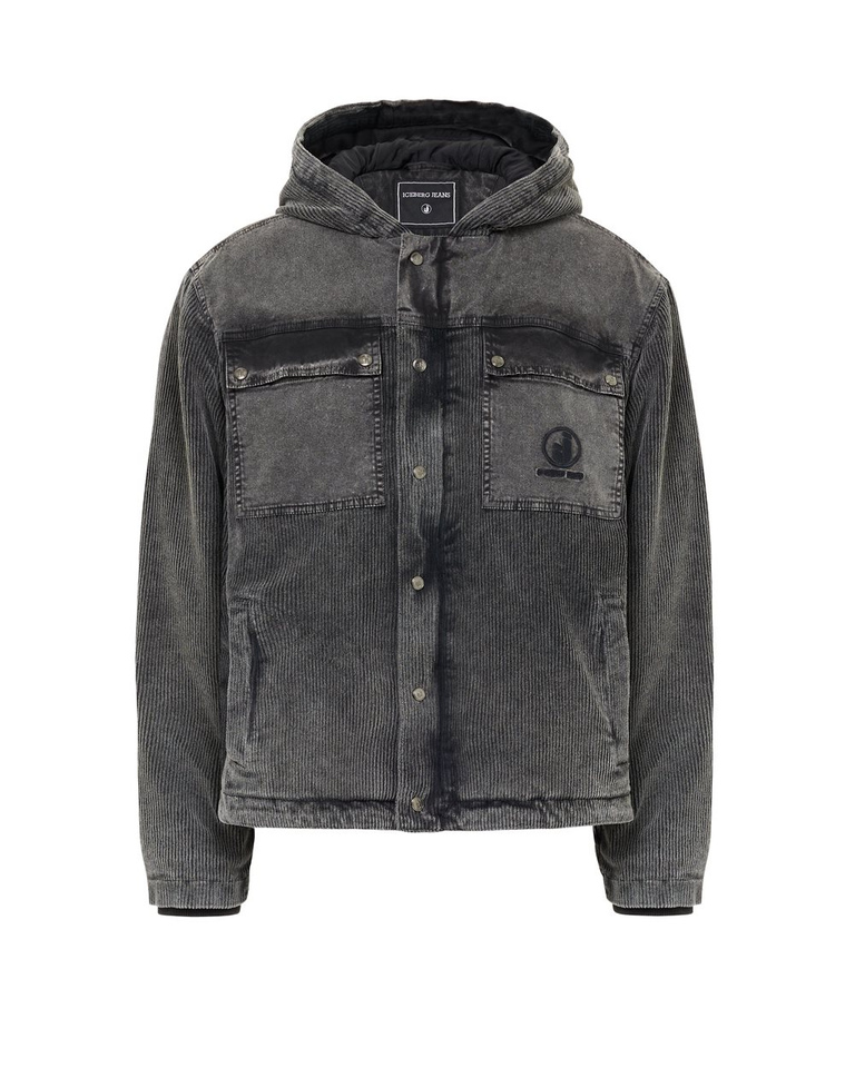 Relaxed-fit hooded sport jacket in gray corduroy with gabardine details and Iceberg logo - OUTERWEAR | Iceberg - Official Website